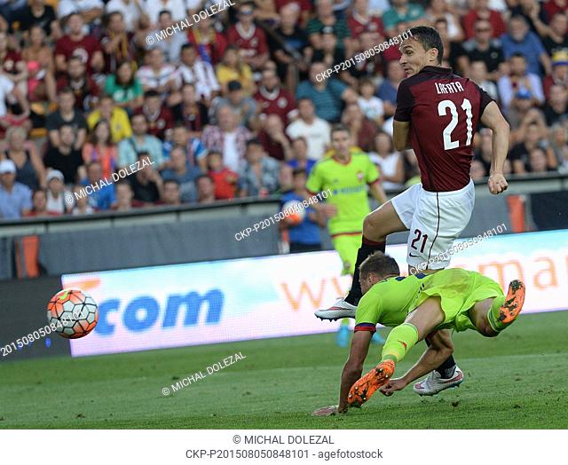 David Lafata, of Sparta, shooting, and Aleksei Berezutski of CSKA Moscow in action during the third qualifying round of the Champions League return match...