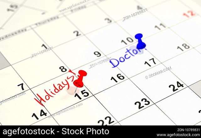 Red and blue pins marking the important days on a calendar. 3D rendering