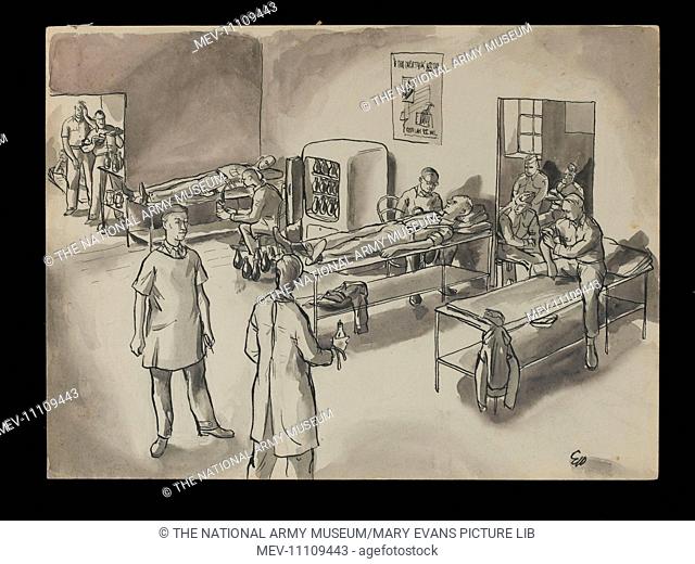 2nd Bn The Rifle Brigade, blood transfusion donors, 1941. Unframed pen and ink and grey wash by Eric Dawson, 1941 (c). Eric Dawson served in North Africa, Syria