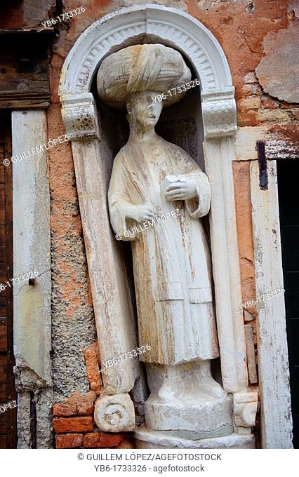 Statue of one of Mastelli Brothers in Campo dei Mori, Venice, Veneto, Italy