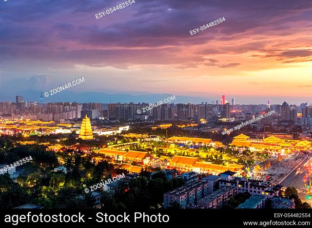 xian cityscape of big wild goose pagoda in sunset, China