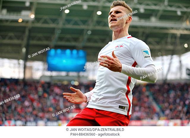 Leipzig's Timo Werner cheers after his 3-1 goal during the German Bundesliga soccer match between RB Leipzig and 1. FC Koeln in the Red Bull Arena in Leipzig