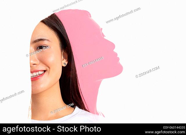 Multiple exposure portrait of asian woman with profile smile and serious sad facial expression. Mental health, depression and emotions concept