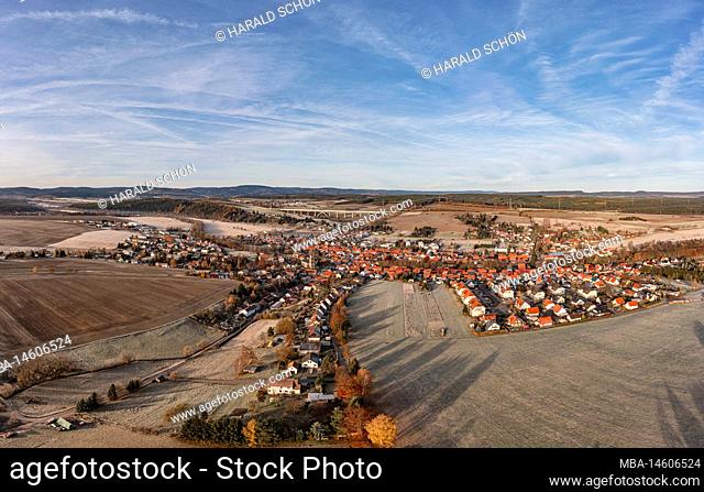 Germany, Thuringia, Ilmenau, Gräfinau-Angstedt, village, overview, railroad high speed line Erfurt - Nuremberg in background, railroad bridge, fields