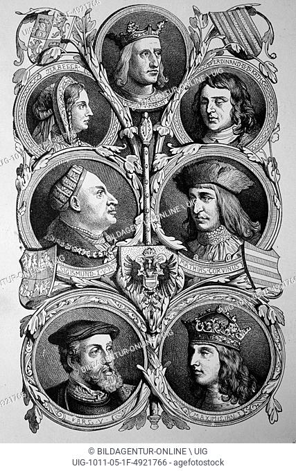 Habsburg kings: rudolf i, ferdinand v, sigismund, mathias corvinus, maximilian i, charles v, historic woodcut, 1870
