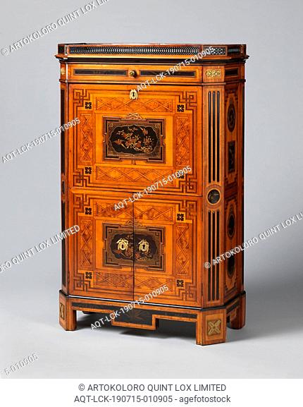 Secretaire with marquetry and lacquer panels, Secretaire with marquetry on an oak core. The front legs with fittings are placed at an angle