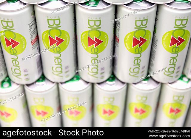 26 July 2022, Bavaria, Nuremberg: Organic energy drinks from Austrian manufacturer Pure will be on display at the company's booth at the Biofach trade show