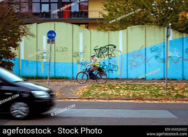 October 20, 2018 Germany Krefeld city. Bicycle as an ecological transport, means movement in Europe. A city dweller rides a bike