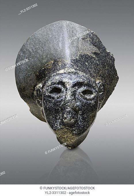 Hittite statue head of the Sun Goddess . Basalt, Hittie Period 1650 - 1450 BC. Hattusa BoÄŸazkale. Çorum Archaeological Museum, Corum, Turkey