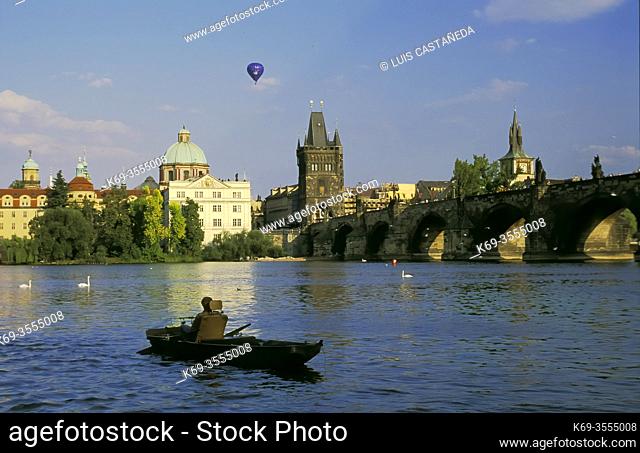 The Moldau River (Vltava). . Charles IV Bridge. . Prague. Czech Republic