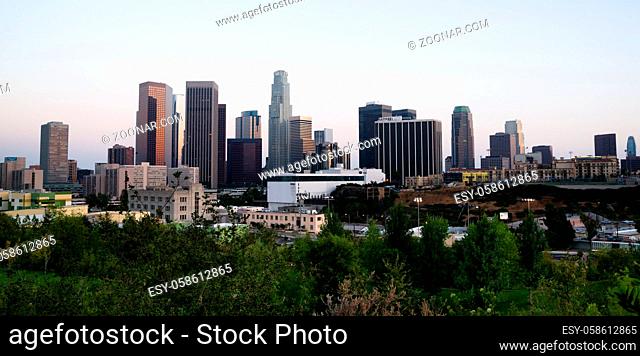 Green trees dominate the forground with the city skyline of Los Angeles in the background