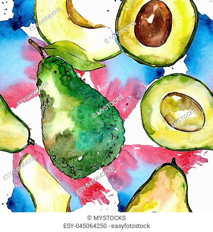 Exotic avocado wild fruit in a watercolor style pattern. Full name of the fruit: avocado. Aquarelle wild fruit for background, texture, wrapper pattern or menu