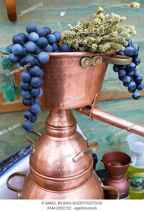 Alquitara or pot still for orujo distillation. Orujo fair. Potes, Comarca de Liébana, Cantabria, Spain
