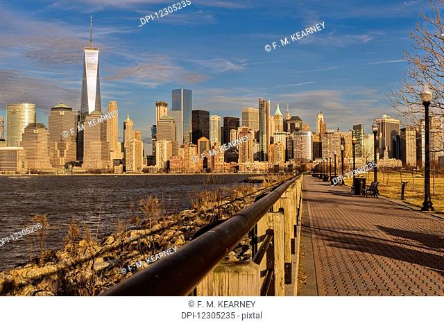 Manhattan skyline at sunset, Liberty State Park; Jersey City, New Jersey, United States of America