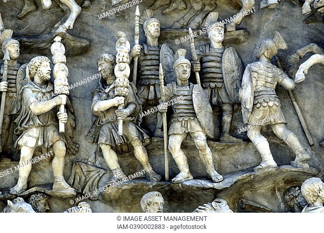 Roman soldiers taking part in Decursio - ritual circling of funeral pyre  Detail of relief from the Antonine Column, Rome erected c180-196 by Commodus in honour...