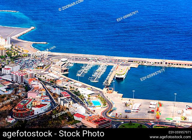 Santa Cruz de La Palma, Spain - August 13, 2021: Aerial View of the City of Santa Cruz de La Palma and the Port. Tenerife, Canary Islands