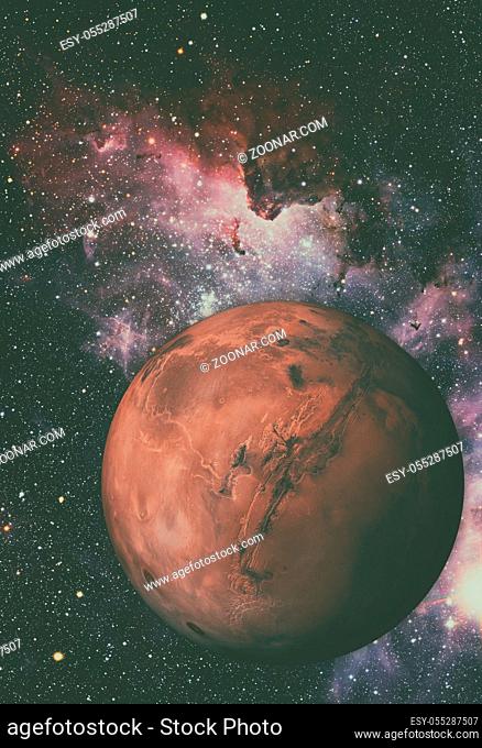 Solar System - Mars. It is the fourth planet from the Sun. Mars is a terrestrial planet with a thin atmosphere, having craters, volcanoes, valleys, deserts