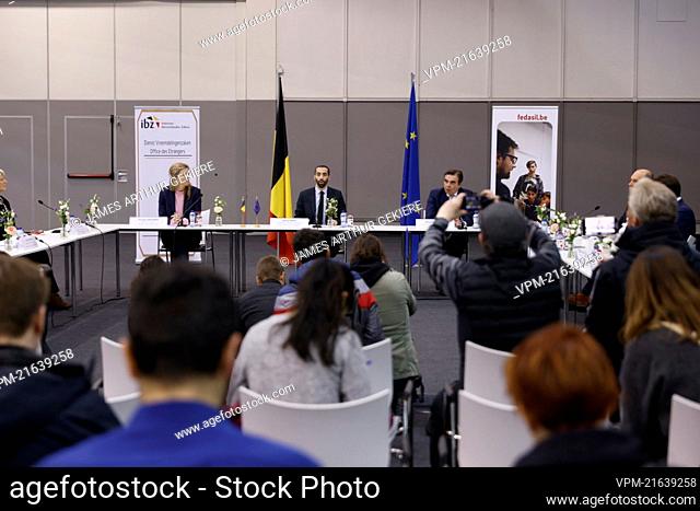 Interior Minister Annelies Verlinden, State Secretary for Asylum and Migration policy Sammy Mahdi and European Commissioner for Asylum Margaritis Schinas...