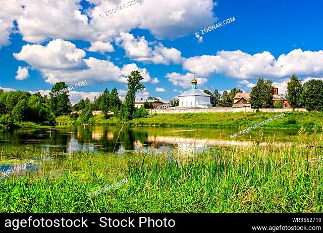 View on the Holy Spirit Monastery in sunny summer day in Borovichi, Russia