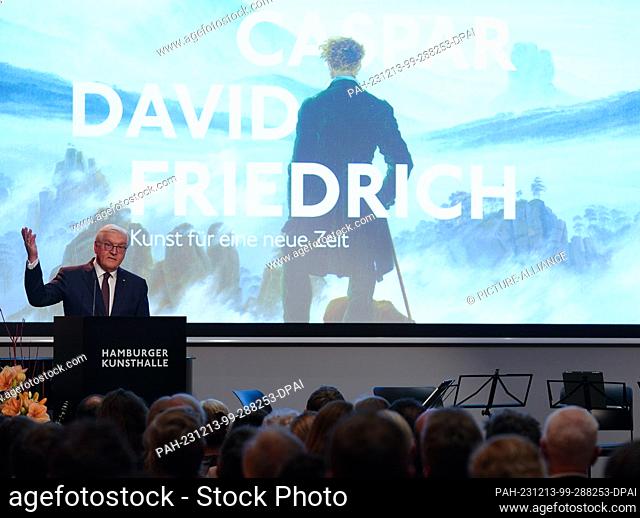 13 December 2023, Hamburg: Federal President Frank-Walter Steinmeier speaks during the opening of the Caspar-David-Friedrich anniversary exhibition at the...