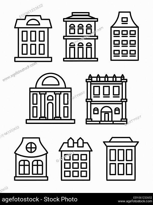 Isolated black and white color low-rise municipal houses in lineart style icons collection, elements of urban architectural buildings vector illustrations set