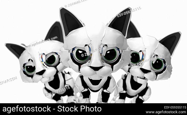 Robotic kitten face trio, 3d illustration, horizontal, over white, isolated