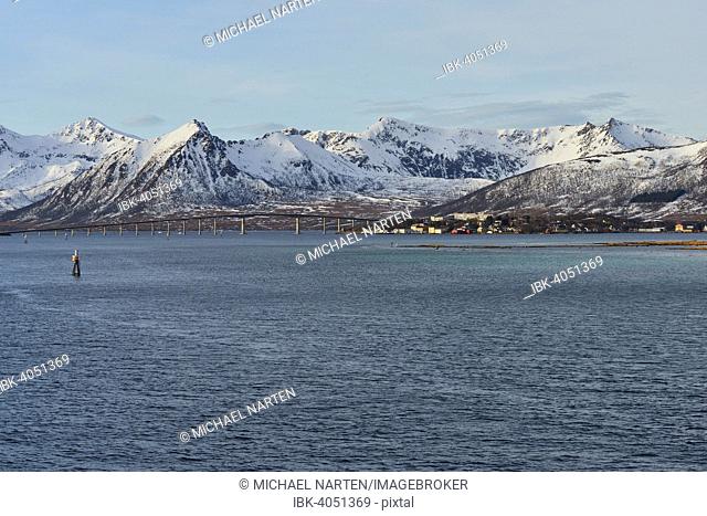 Mountains of the island of Andøya with Andøy bridge and Risøysund, Risøyhamn, Nordland, Vesteralen, Norway