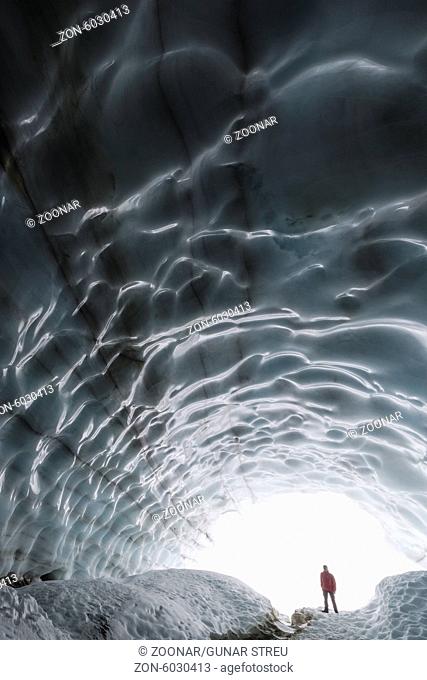 man inside a glacier, Kebnekaise mountains, Sweden