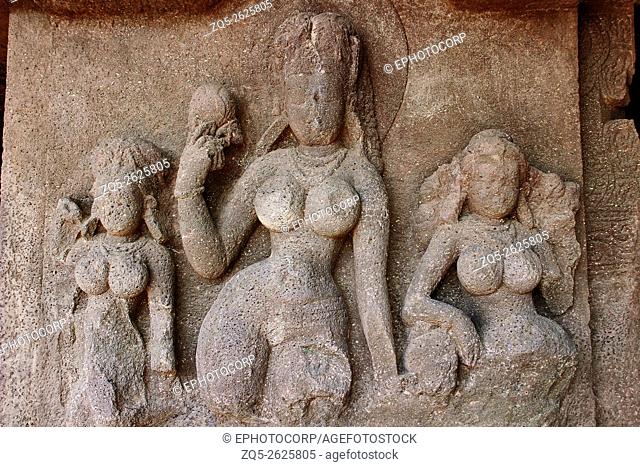 Cave 9, interior carved figures, Aurangabad Caves, Maharashtra, India