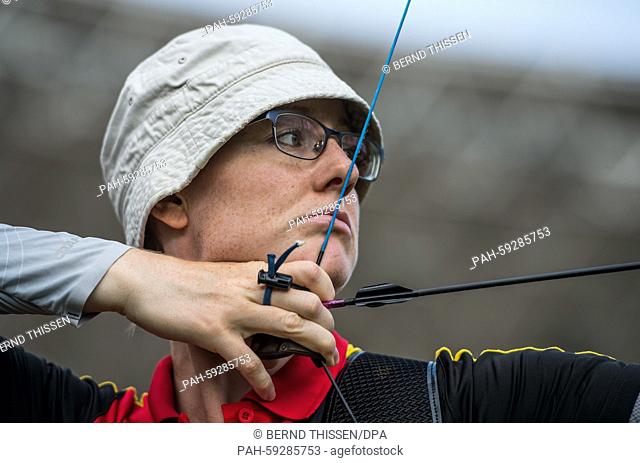 Germany's Lisa Unruh attemps a training session prior the Archery Women's Team quarterfinal at the Baku 2015 European Games in the Tofiq Bahramov Stadium in...