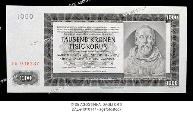 1000 korun (Protectorate crown) banknote, 1942, obverse, bust of Peter Parler (ca 1330-1399). Protectorate of Bohemia and Moravia, German occupation