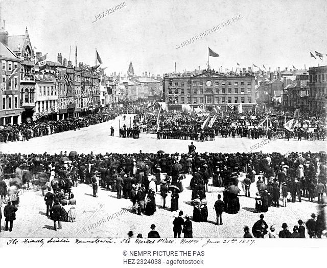 Queen Victoria's Golden Jubilee celebrations, Nottingham, Nottinghamshire, 1887. Showing the Friendly Societies demonstration in the Market Place in front of...