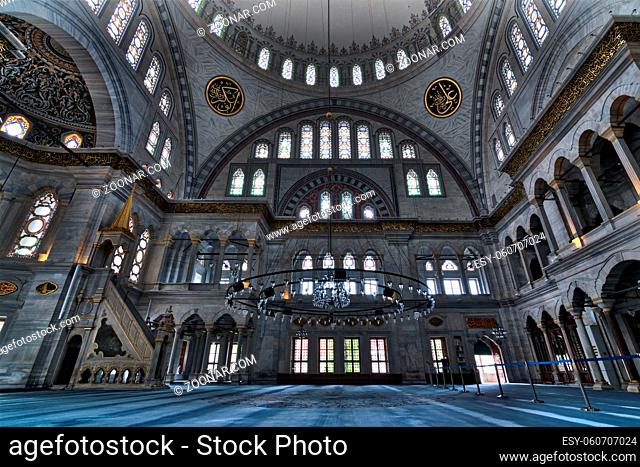 Interior of Nuruosmaniye Mosque, an Ottoman Baroque style mosque completed in 1755, with a huge dome many colored stained glass windows located in Shemberlitash