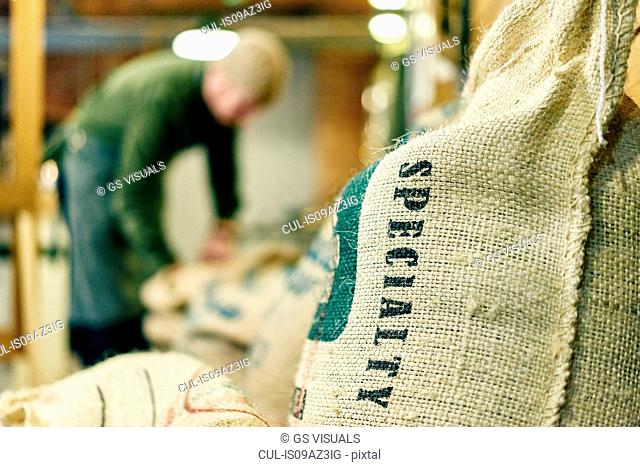 Close up of speciality coffee bean sack in store room