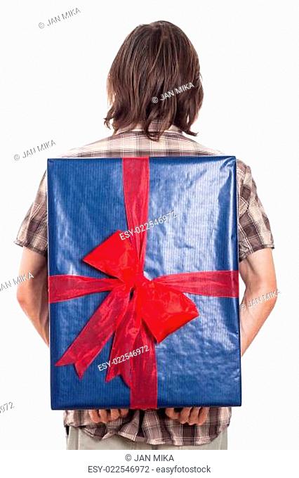 Rear view of man with big present