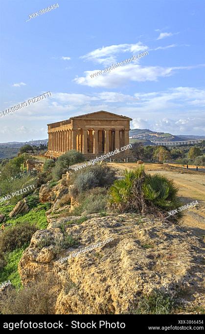 The Temple of Concordia at dusk, Valley of the Temples, Agrigento, Sicily, Italy