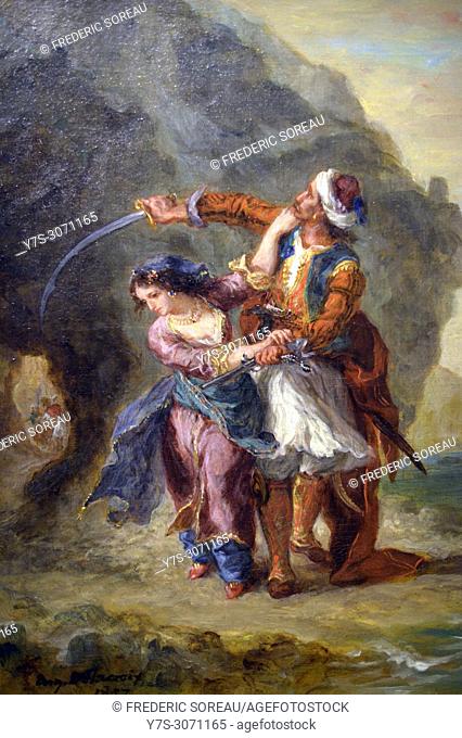 The painting depicts Selim and Zuleika from Lord Byron's poem The Bride of Abydos, 1857, oil on canvas, painting by Eugène Delacroix (1798-1863)