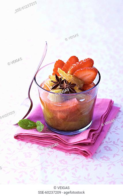 Rhubarb and strawberry soup with star anise and candied ginger