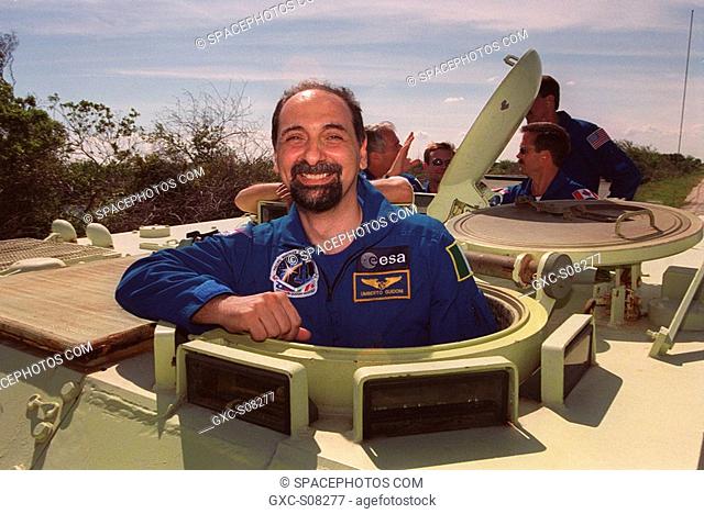 04/08/2001 --- Ready to take the wheel on the M-113 armored carrier is STS-100 Mission Specialist Umberto Guidoni. He and the rest of the crew are taking part...