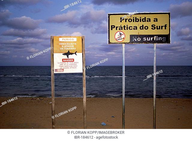 Sign boards: Danger. Bathers in this area are at a gerater than average risk of shark attack and No Surfing, Recife, Brazil