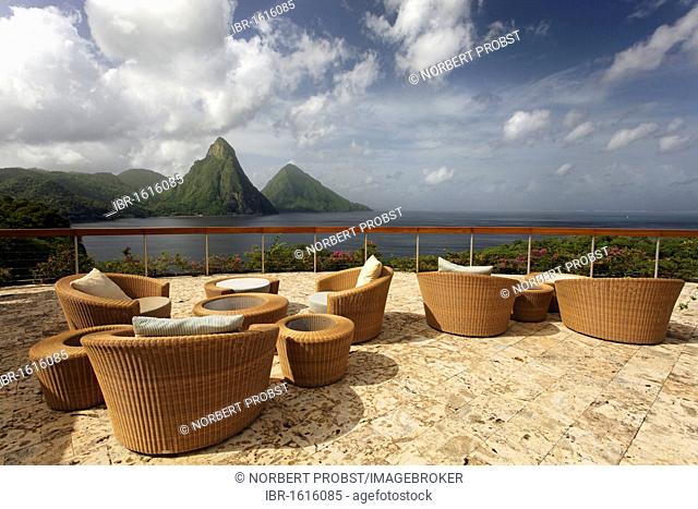 Roof terrace, Dedon, furniture, natural stone floor, hemisphere, Pitons mountains, Jade Mountain luxury hotel, Saint Lucia, Windward Islands, Lesser Antilles