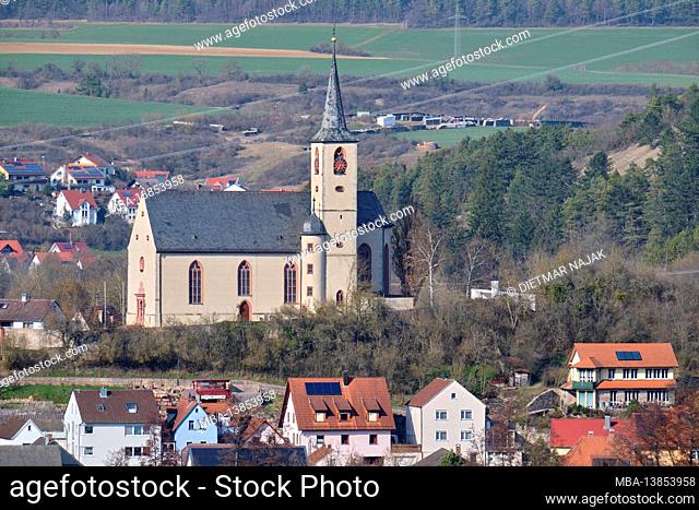 View of the parish church of St. Marcellinus and St. Petrus in the wine village of Eußenheim, Main-Spessart district, Lower Franconia, Franconia, Bavaria