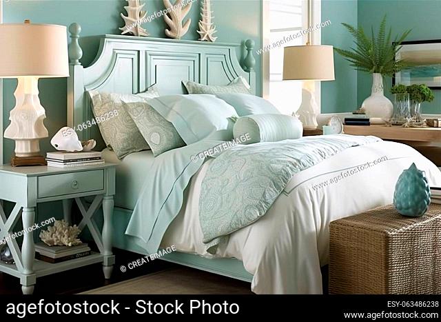 Coastal Bedroom: Create a bedroom with a coastal - inspired design, using a mix of cool blues and greens, natural textures, and ocean - themed decor