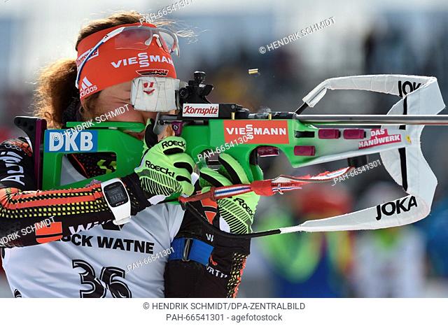Laura Dahlmeier at the shooting range during the zeroing before the Women 15km Individual competition at the Biathlon World Championships