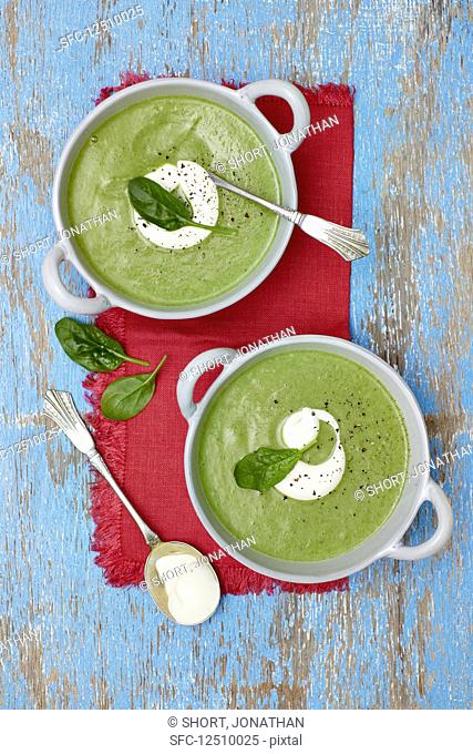 Spinach and broccoli soup with creme fraiche