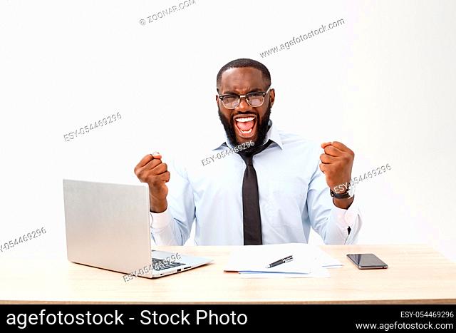 Cheerful big smile from happy executive office workplace isolate over white background