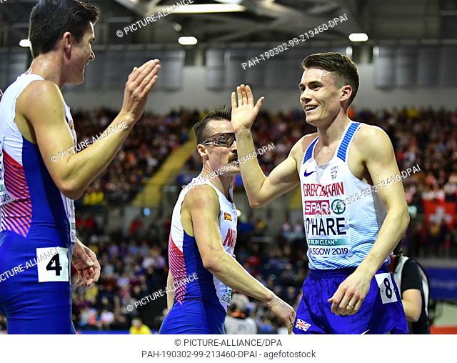 02 March 2019, Great Britain, Glasgow: Athletics, European Indoor Championships, 3000 metres, men, finals, in the Emirates Arena: First-placed Jakob...