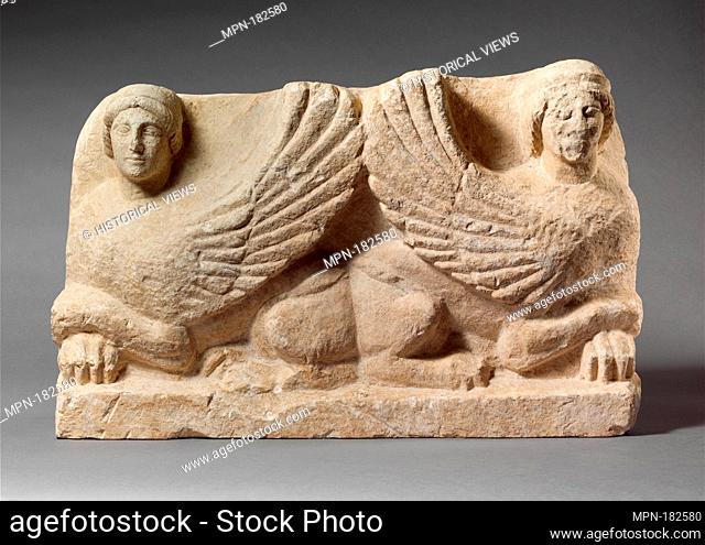 Limestone funerary stele with antithetical sphinxes. Period: Classical; Date: ca. 475-450 B.C; Culture: Cypriot; Medium: Limestone; Dimensions: Overall: 13 1/2...