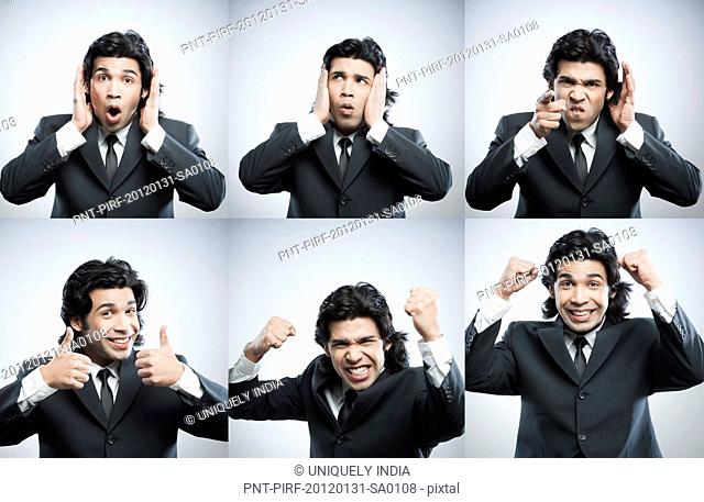 Multiple images of a businessman with different facial expressions