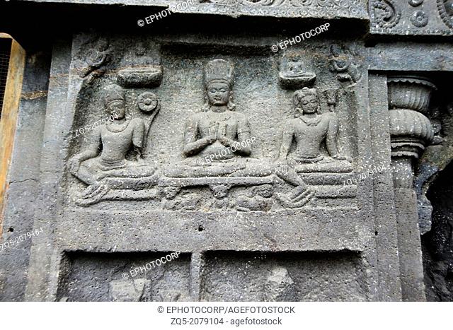Cave No 10 Upper gallery shows panel of Bodhisattva with attendants. Ellora Caves, Aurangabad, Maharashtra India